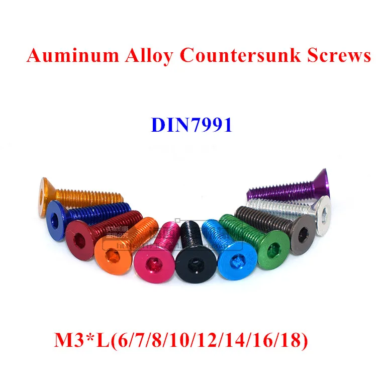 

10pcs M3 Aluminum Alloy Flat Screws DIN7991 M3*6/7/8/10/12/14/16/18mm Hex Socket Countersunk head Screws Bolts Anodized Color