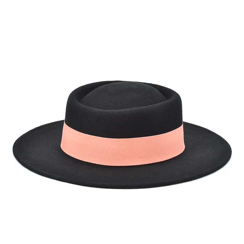 light orange Стиль осень зима весна мода большой карниз узор кольцо тип шерсть плоский верх шляпа Федора размер около поля 7 см высота 9 см - Цвет: light orange