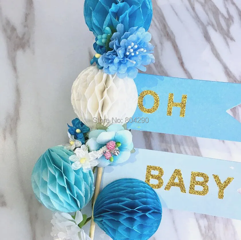 Синий тему на детские торт украшения соты с искусственным цветком Топпер детей