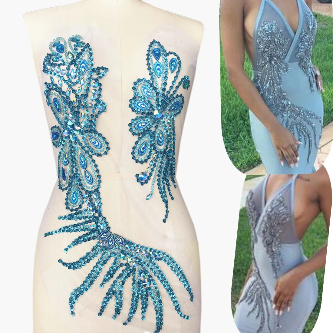 

GOOD Supplier Customed 25x55cm 13x32cm Light Blue Sequin Rhinestones Crystal Appliques Designs Beaded for Wedding Dress Wine bal