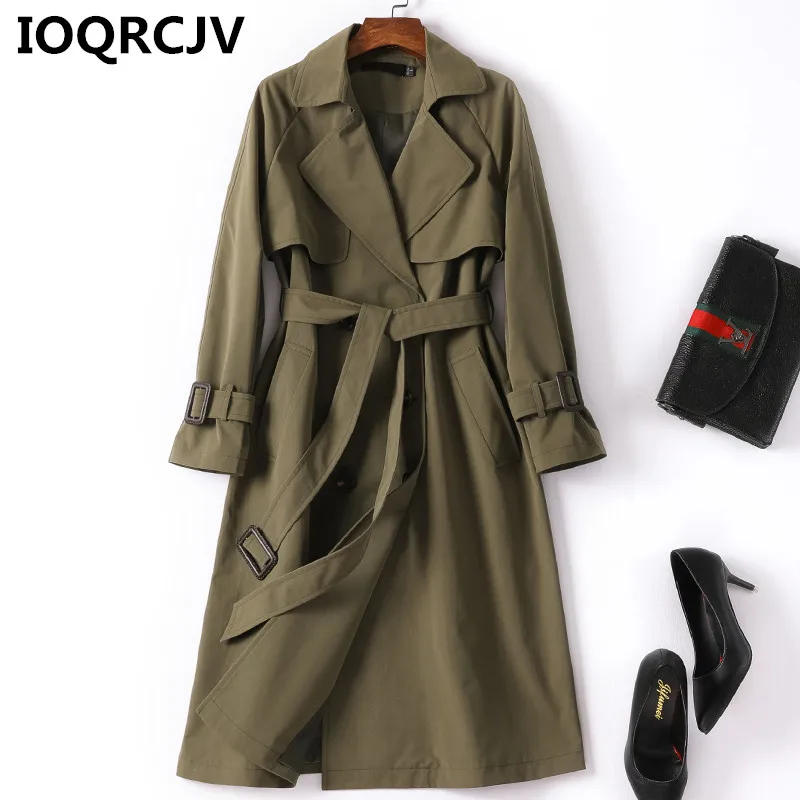 

2019 Spring Autumn Casual Trench Coat for Women Double-Breasted Long Windbreaker Female ArmyGreen With Belt Outerwear Coats R795
