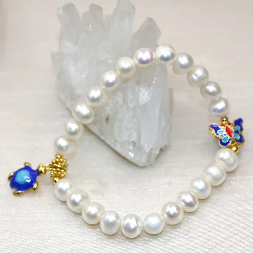 

7-8mm Natural Freshwater Cultured White Pearl Beads Bracelets for Women Butterfly Tortoise Cloisonne Diy Jewelry 7.5inch B2975