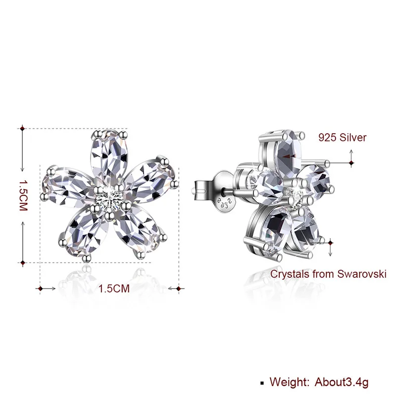 925 Silver Flower Stud Earrings Crystal From Swarovski Shining Ear Accessoires For Women Lovely Fine Jewlery Anniversary Party | Украшения