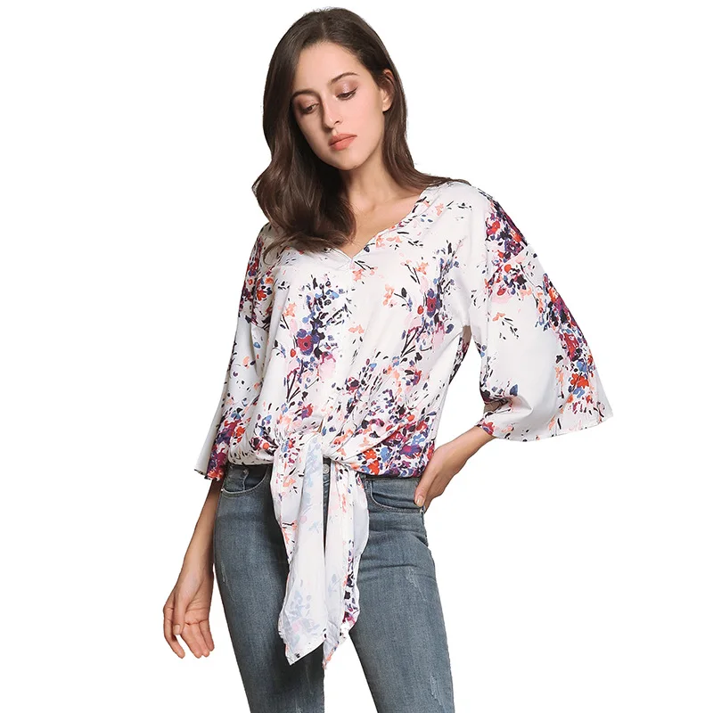 

Autumn Fashion Chiffon Print V-neck Women Blouse Medium sleeve Shirts Casual Sexy Office Lady Blusas