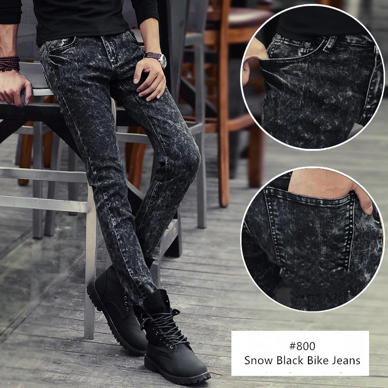 Streetwear Vintage Gray Jeans Bike Men Stretch Denim Pencil Pants Slim fit Ripped Hip hop Skinny Trousers | Мужская одежда