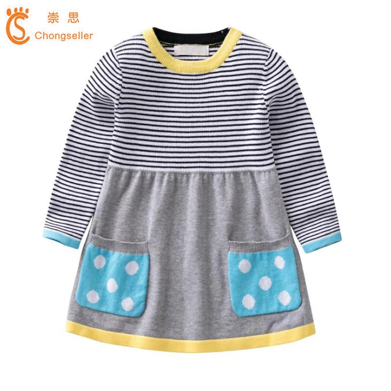 

2018 High Quality Spring Autumn Cotton Kintted Dresses For Girls Long Sleeve Stripe Sweater Baby Girls Clothing