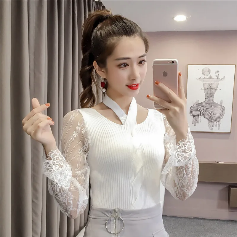 fashion womens sweaters 2019 spring flare Long Sleeve pullovers women sweater sexy hollow Lace v collar Knitted 2550 50 | Женская одежда