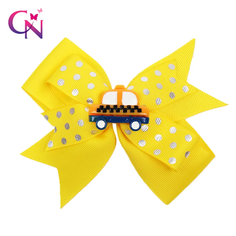 

4.5" BACK TO SCHOOL Hair Bows for Girls Resin Cars Hairgrips for Student Dot Print Grosgrain Ribbon Hair Clips Hair Accessories