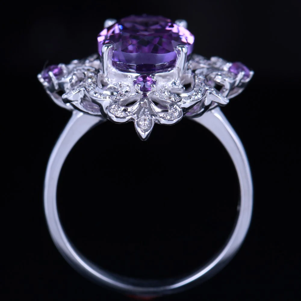 HELON 925 Sterling Silver Oval 4.54ct 100% Genuine Natural Amethyst Diamonds Ring Engagement Women Special Flowers Fine Jewelry | Украшения