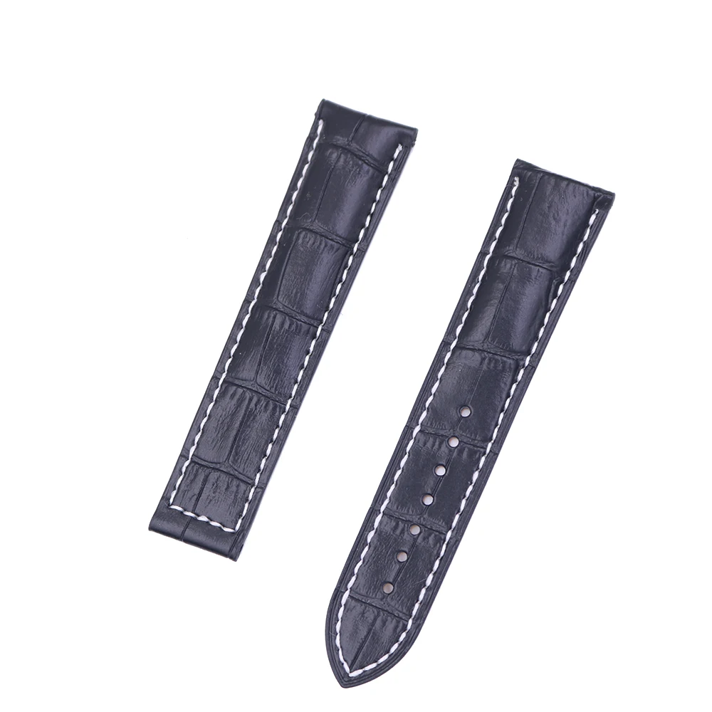 Rolamy 20 22mm Wholesale Black With white Stitches High Quality Genuine Leather Replacement Watch Band Strap Belt For Omega