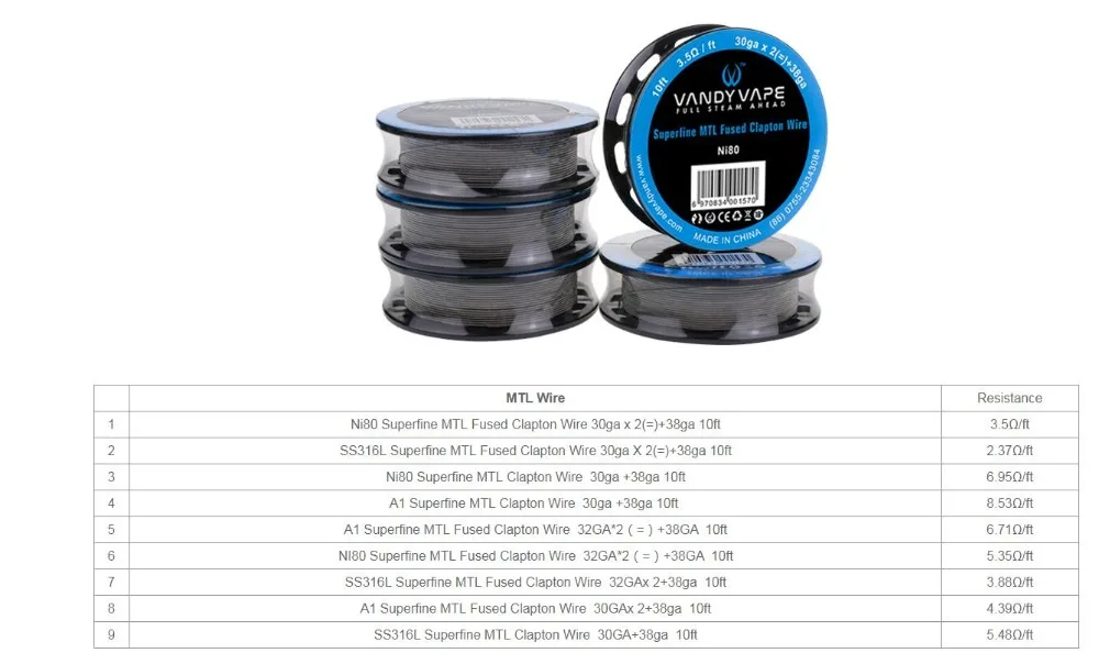Vandy Vape Сверхтонкий MTL плавленый Clapton провод Ni80 KA1 SS316L нагревательный провод подходит для электронной сигареты MTL RTA RDA RDTA DIY танк