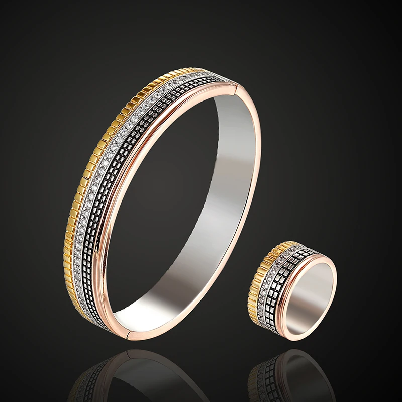 

Lanruisha jewelry luxury brand bangle with ring zircon micro pave setting four color plated bracelet For Women Pulseira Feminin