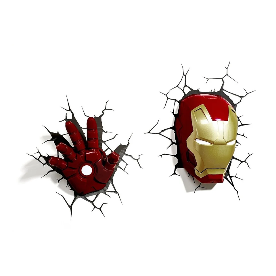 GUxen 3D Marvel Deco Light Avengers Iron Man/Spider Man/The Hulk/Hammer/Captain America Shield with Crack Wall Sticker Light On.