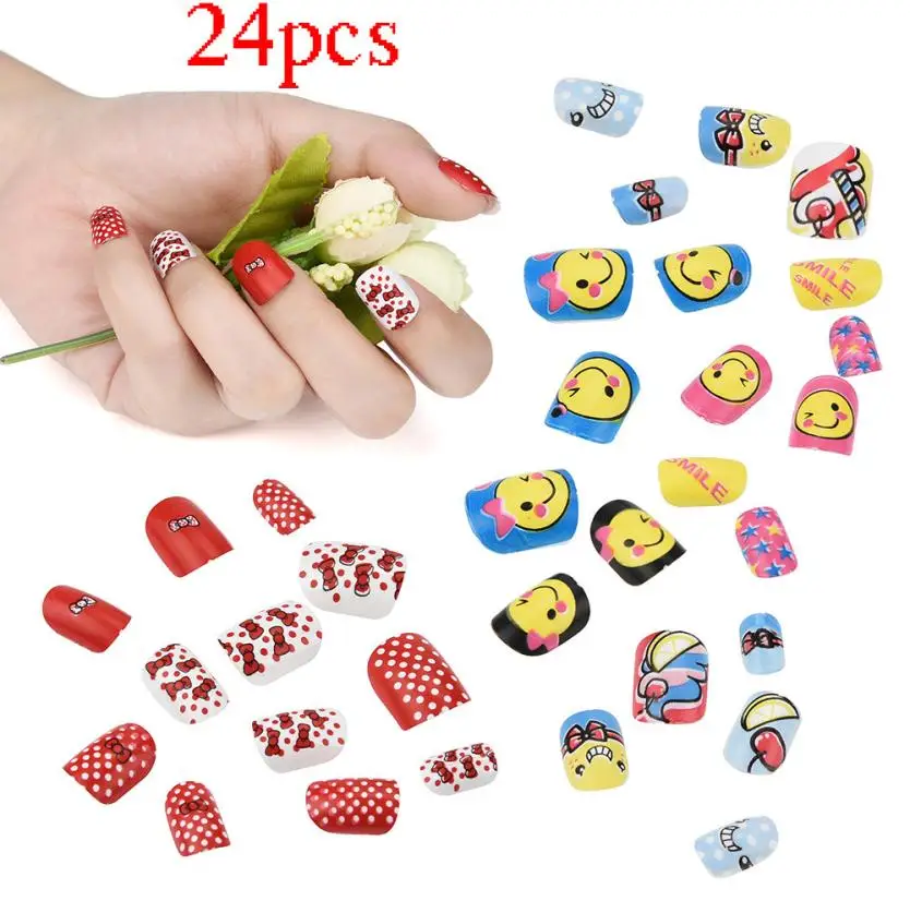 24Pcs Kids Press-on False Nails Tip Cartoon Pattern Full Nail Pre-glue for Children Girls 2u0201 | Красота и здоровье