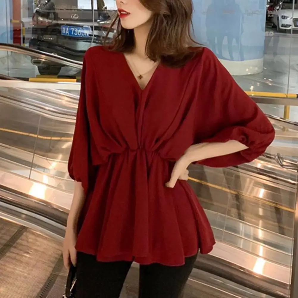 Женская Однотонная рубашка Yfashion большого размера с v образным вырезом на талии