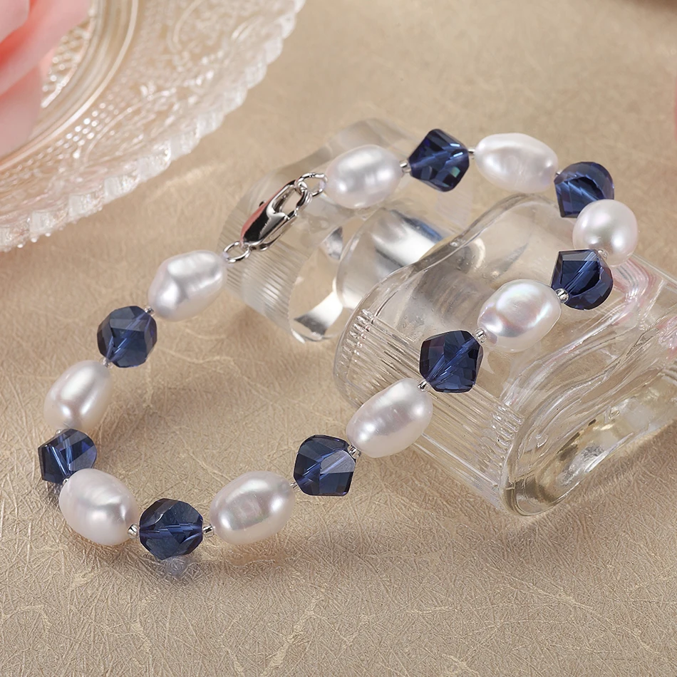 Женский браслет Feige из белого пресноводного жемчуга с синими кристаллами 7 8 мм