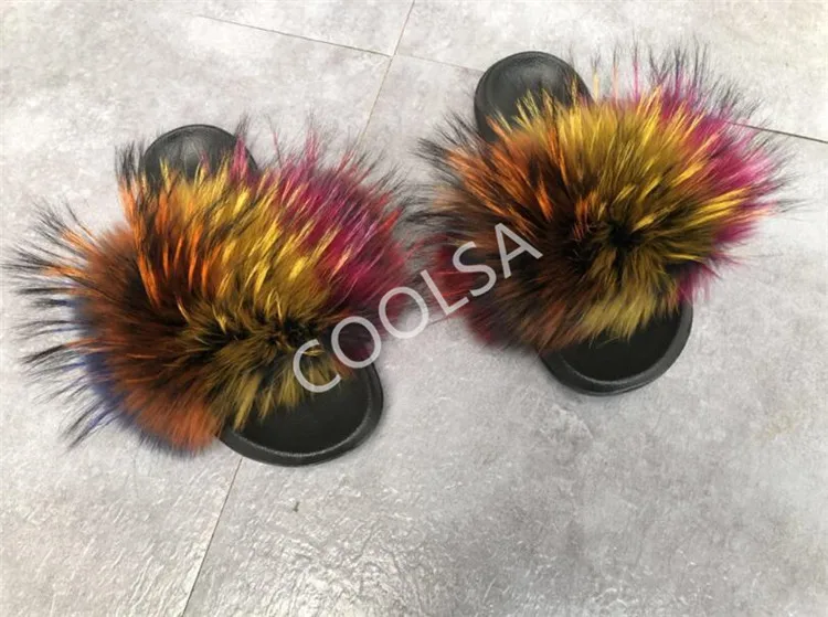 Women's Summer Fur Slippers Indoor Warm Fluffy Plush Home Shoes Woman Real Fox Hair Fur Slides Furry Sandals Female Flip Flops