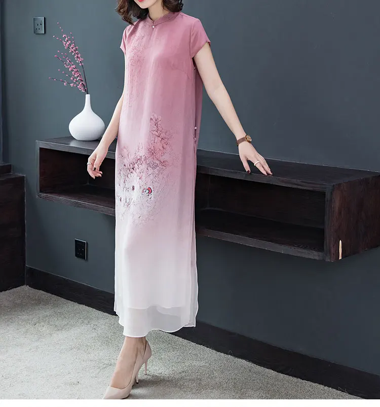 Розовое шелковое платье, винтажное, улучшенное, Cheongsam, элегантное, большой размер, весна-лето, новые женские платья X897