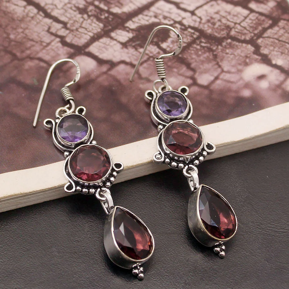 Hermosa Teardrop винтажные фиолетовые аметисты 925 стерлингового серебра Висячие серьги