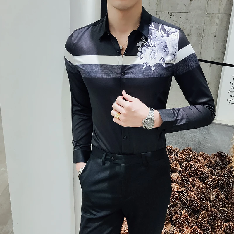 Новая Узорчатая рубашка с длинным рукавом для ночного клуба Chemise Homme модная