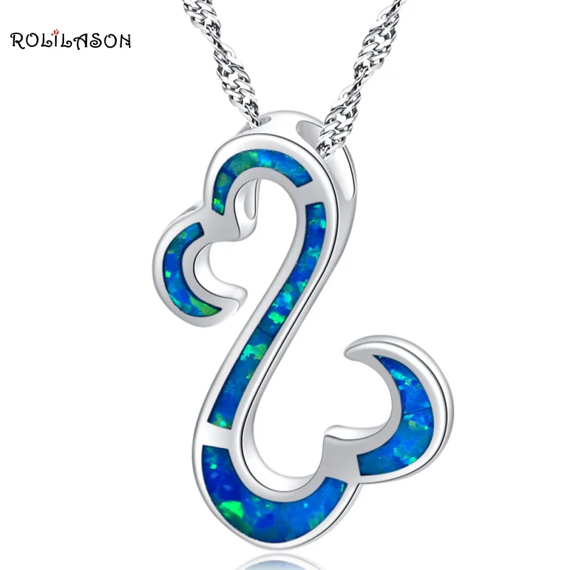 

ROLILASON For friend best gift blue Fire Opal silver color Pendant Necklace Jewelry for Women OP804