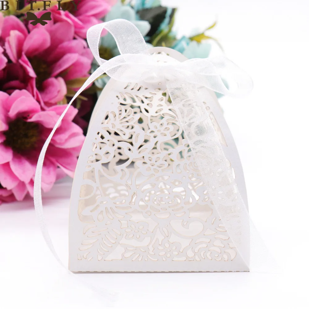 50 шт. Свадебная коробка конфет лазерная резка кружевные цветы подарочная