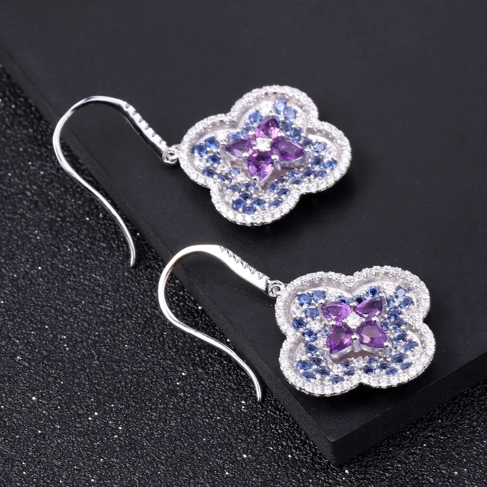 GEM'S балетные 925 пробы, серебряные винтажные цветочные серьги 1.21Ct натуральный аметистовый драгоченный камень, висячие серьги, хорошее ювелирное изделие для женщин