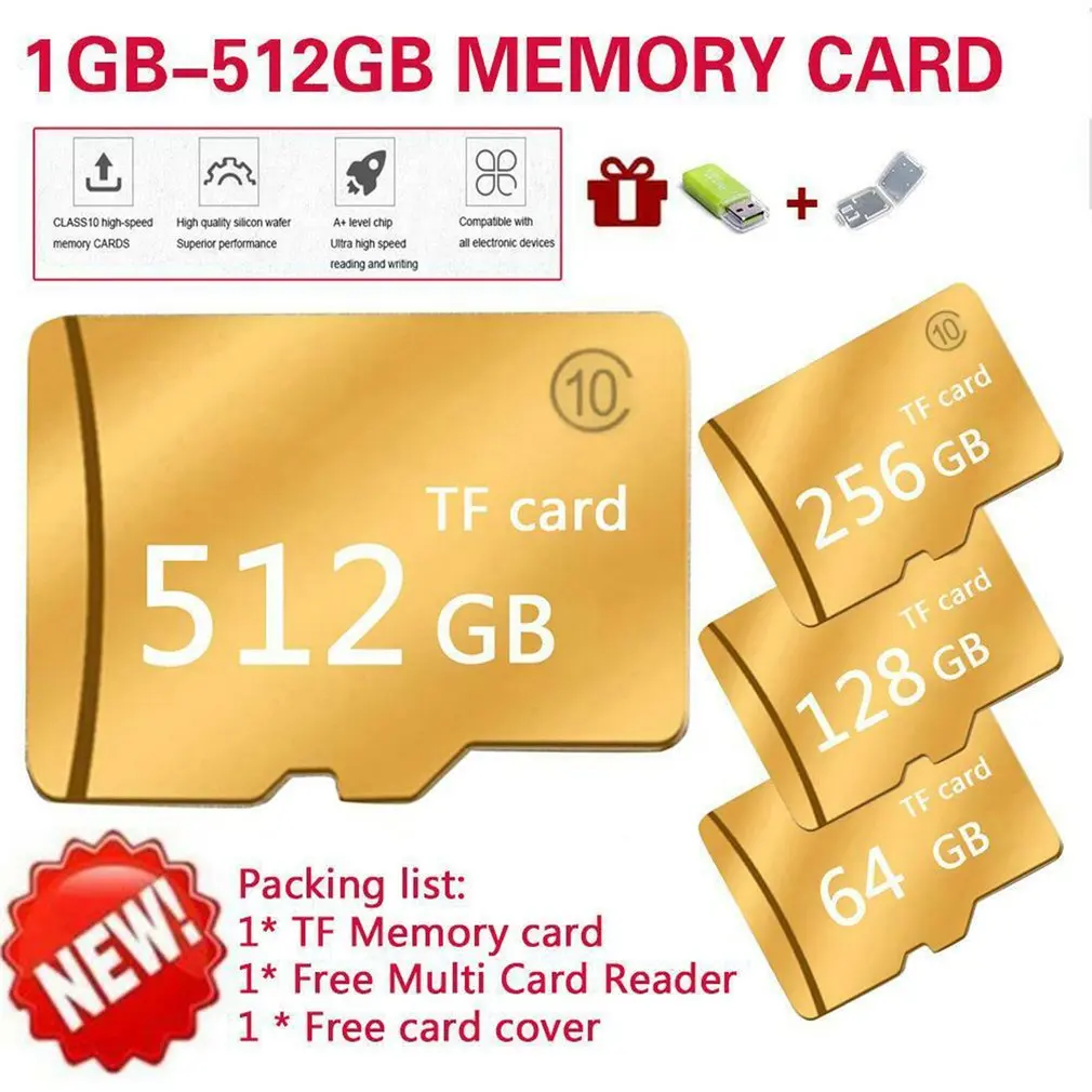 Золотой с кардридером Micro-SD Sd Tf карта памяти класс 10 качество частицы памяти карта памяти большой емкости