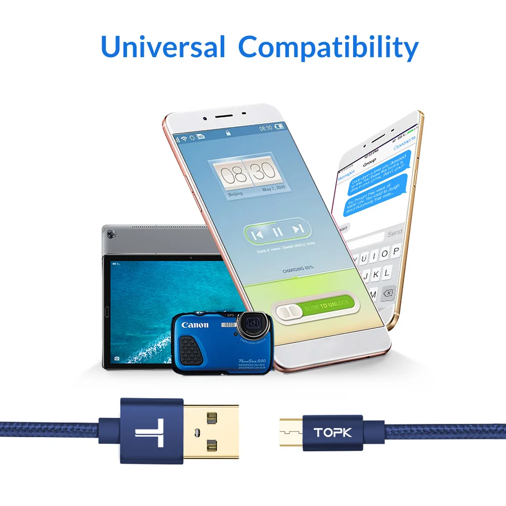 Кабель Micro USB TOPK в нейлоновой оплетке металлический штекер для синхронизации