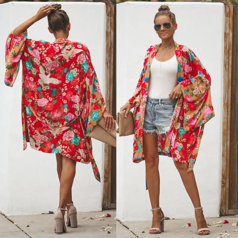Женская винтажная блузка-кимоно с цветочным принтом длинным рукавом | одежда