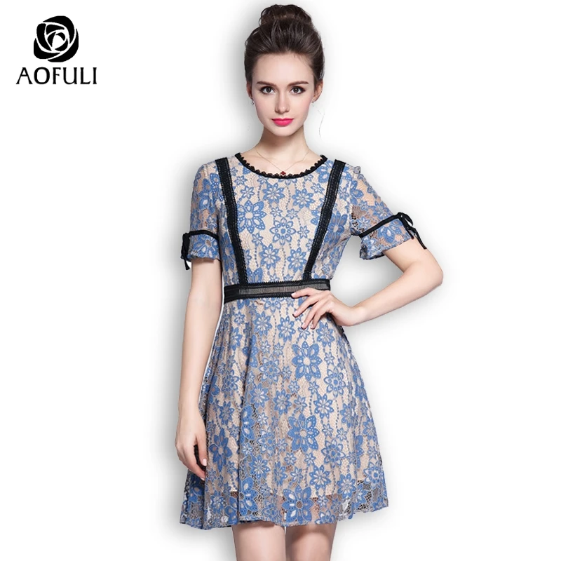 Женское кружевное платье AOFULI винтажное с коротким рукавом и цветочным принтом