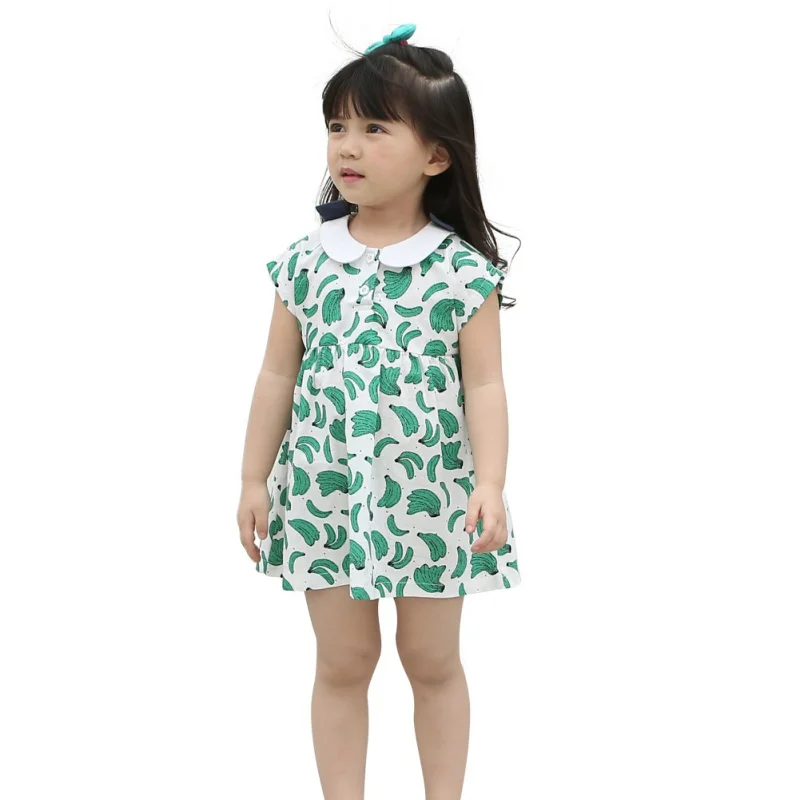 Summer Children Girl Peter Pan Collar Tutu Dress Green Banana Pattern Princess Short Sleeve Sundress | Детская одежда и обувь