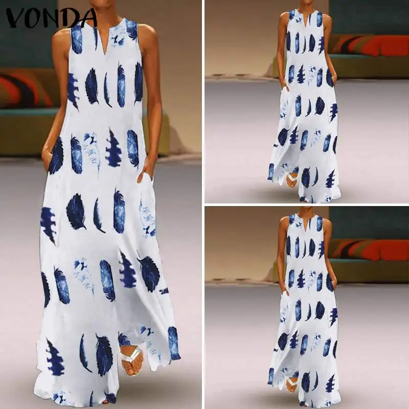 VONDA, женское богемное платье с цветочным принтом, повседневное, свободное, длинное платье макси, сексуальное, без рукавов, Vestidos, летний сарафан размера плюс, 5XL