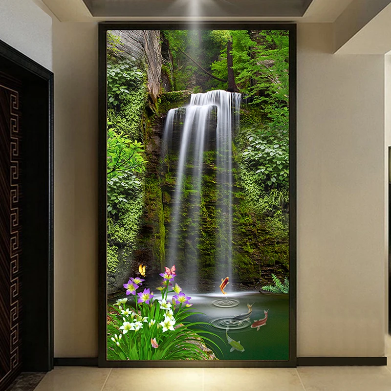

Custom 3D Room Wallpaper For Walls Waterfall Landscape Entrance Hall Aisle Background Wall Painting 3D Embossed Mural Wallpaper