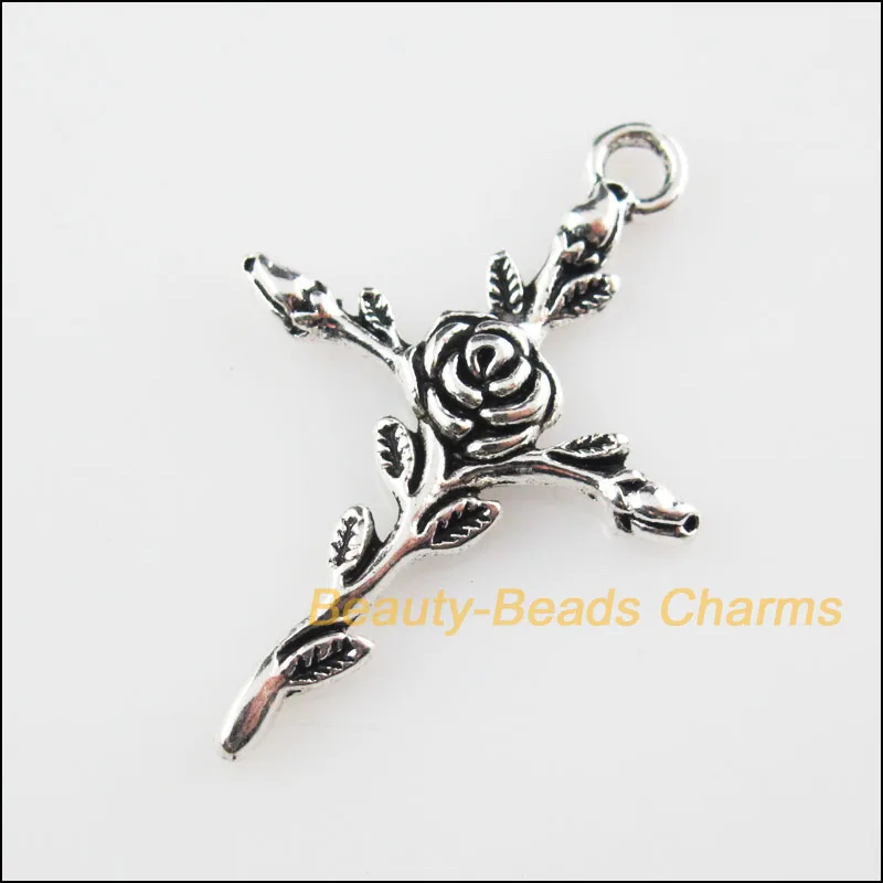 

20Pcs Tibetan Silver Color Cross Rose Flower Charms Pendants 23.5x34.5mm