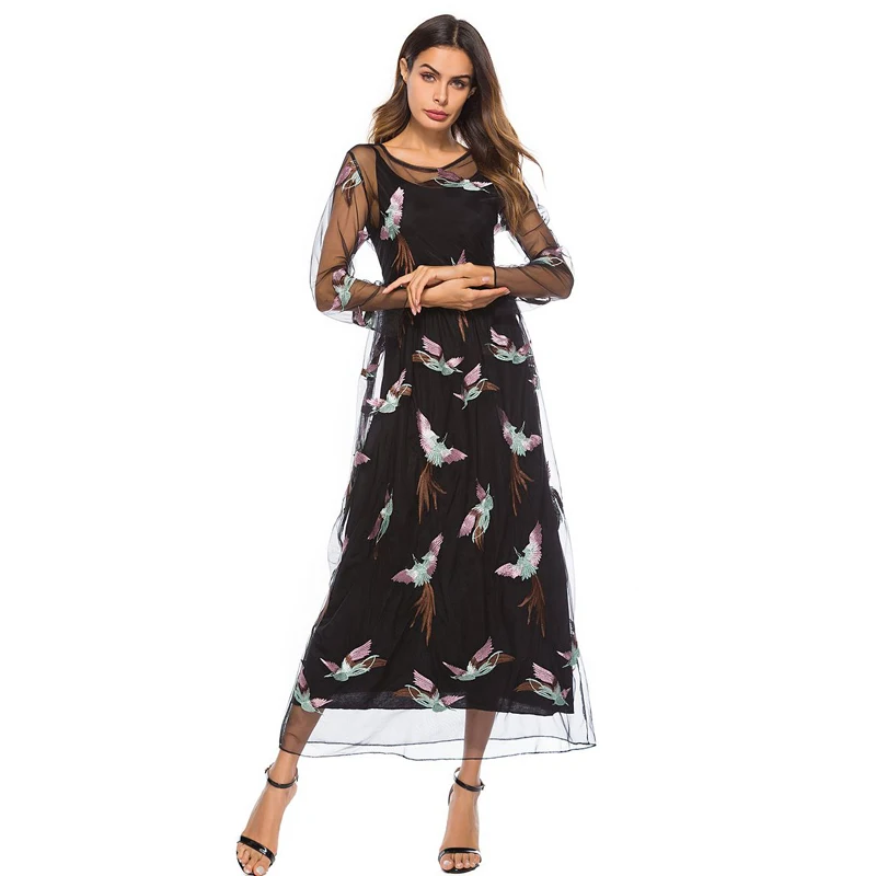 EdspLovd Embroidery Mesh Summer Dress Women Sexy Transarent Long Lining O neck lace Sleeve Plus Size DS307 | Женская одежда