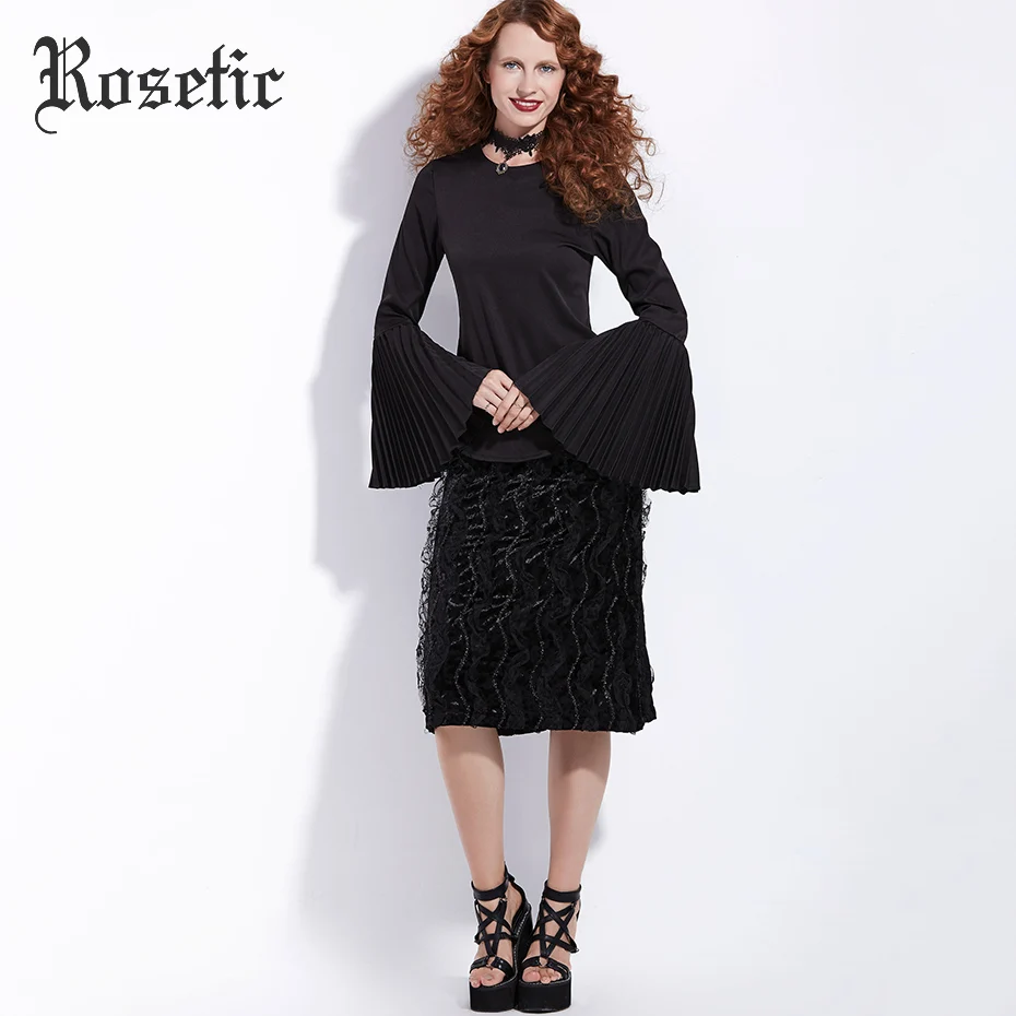 Rosetic, Готическая блузка, осенняя, черная, с расклешенными рукавами, с круглым вырезом, прямая, в готическом стиле, модные женские рубашки, тонкие, уличные топы, темная готика, блузки