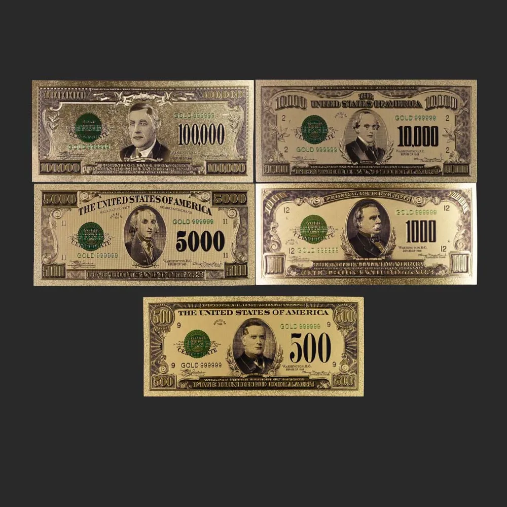

5Pcs/Set Banknotes 500 1000 5000 10000 100000 US 1918 Realistic Gold Antique Plated Souvenir Antique Gifts Home Decor
