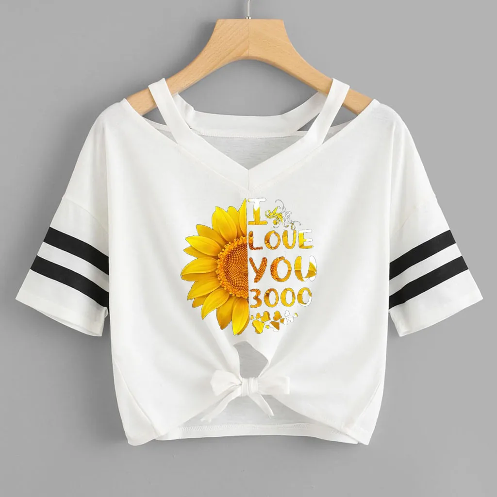 Sunflower White Feitong, женская мода, Подсолнух, летняя футболка, женская, повседневная, короткий рукав, круглый вырез, Повседневный, короткий топ, новинка, Camiseta Mujer - Цвет: Sunflower White