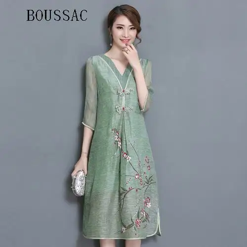 Этнический китайский стиль v образный вырез пуговицы цветочный принт женские