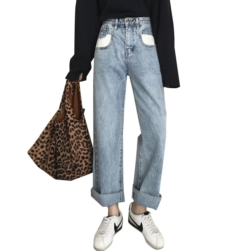 Высокая талия широкие брюки женские Ins2019 осенние ленивые джинсовые | Женская
