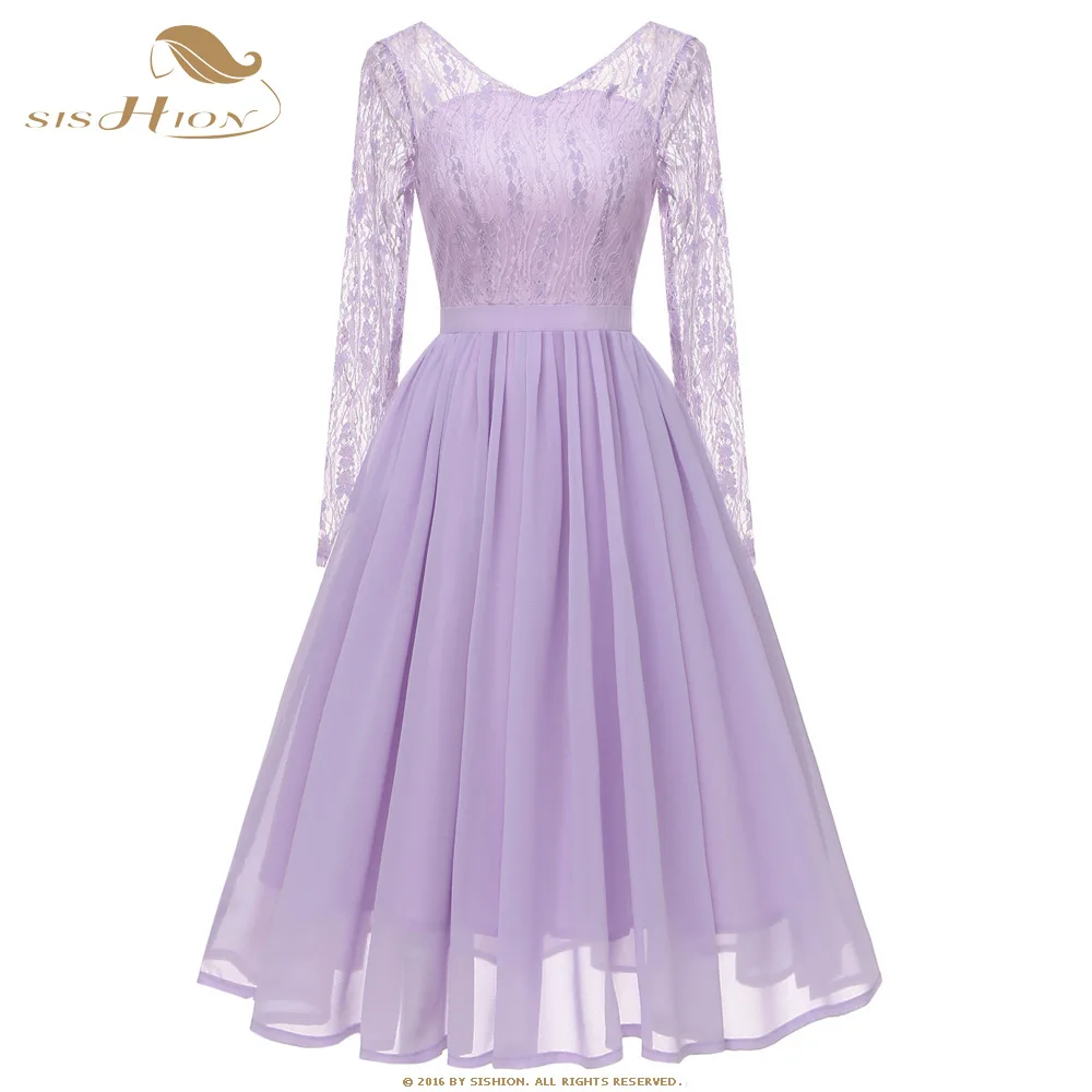 

Женское шифоновое платье SISHION, элегантное винтажное однотонное платье с длинным рукавом, сиреневое, абрикосовое, розовое, Осеннее кружевное...