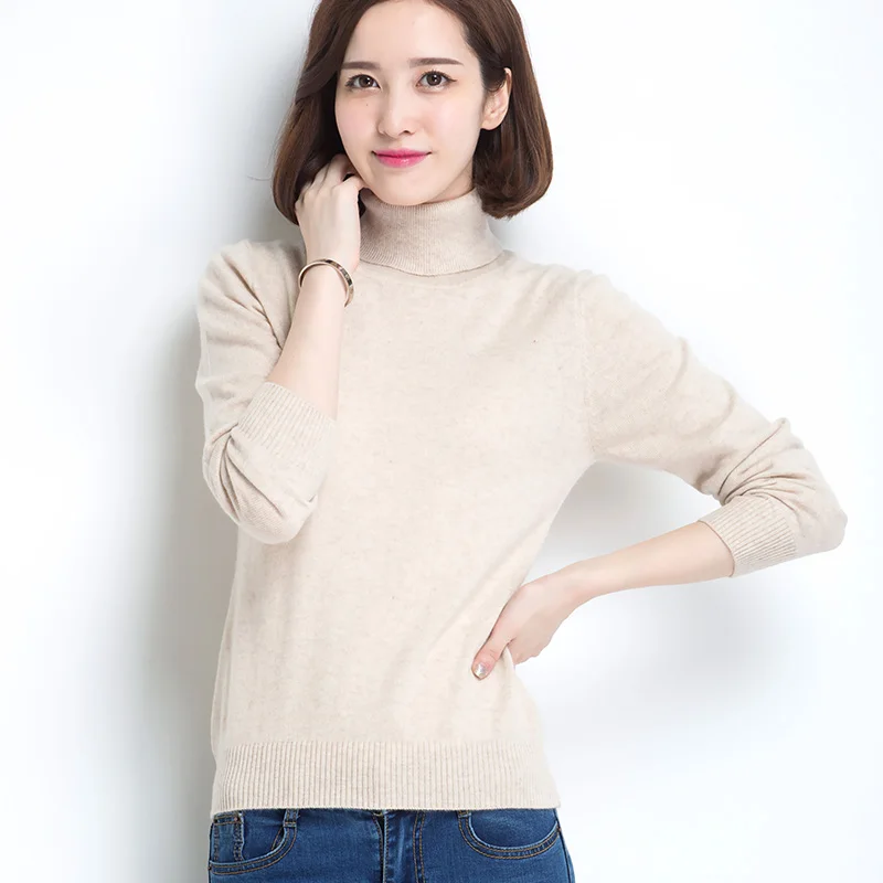

High quality pure cashmere sweater pullover high collar turtleneck 100% wool turn-down collar solid color women's basic sweater