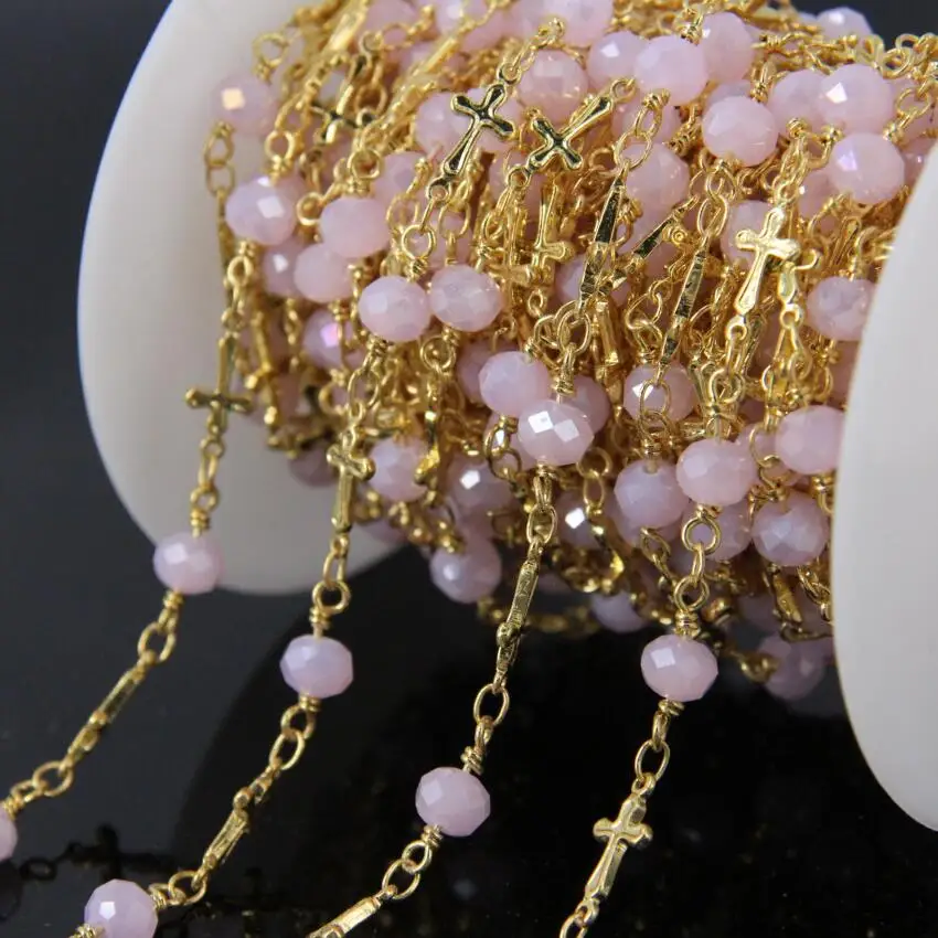 5 метров розовая стеклянная граненая розальная цепочка бусина с позолоченными