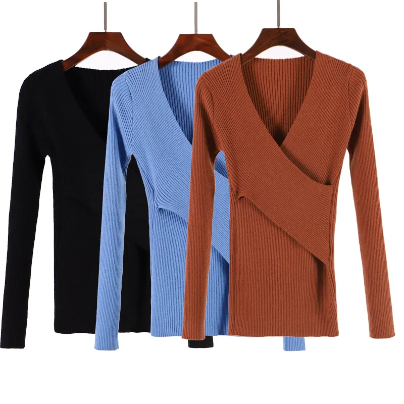 ONLYSVTER Sexy V Neck Wrap Women Pullover Sweaters Autumn Winter Long Sleeve Soft Casual Jumper Ribbed Knitted Pull Top Femme
