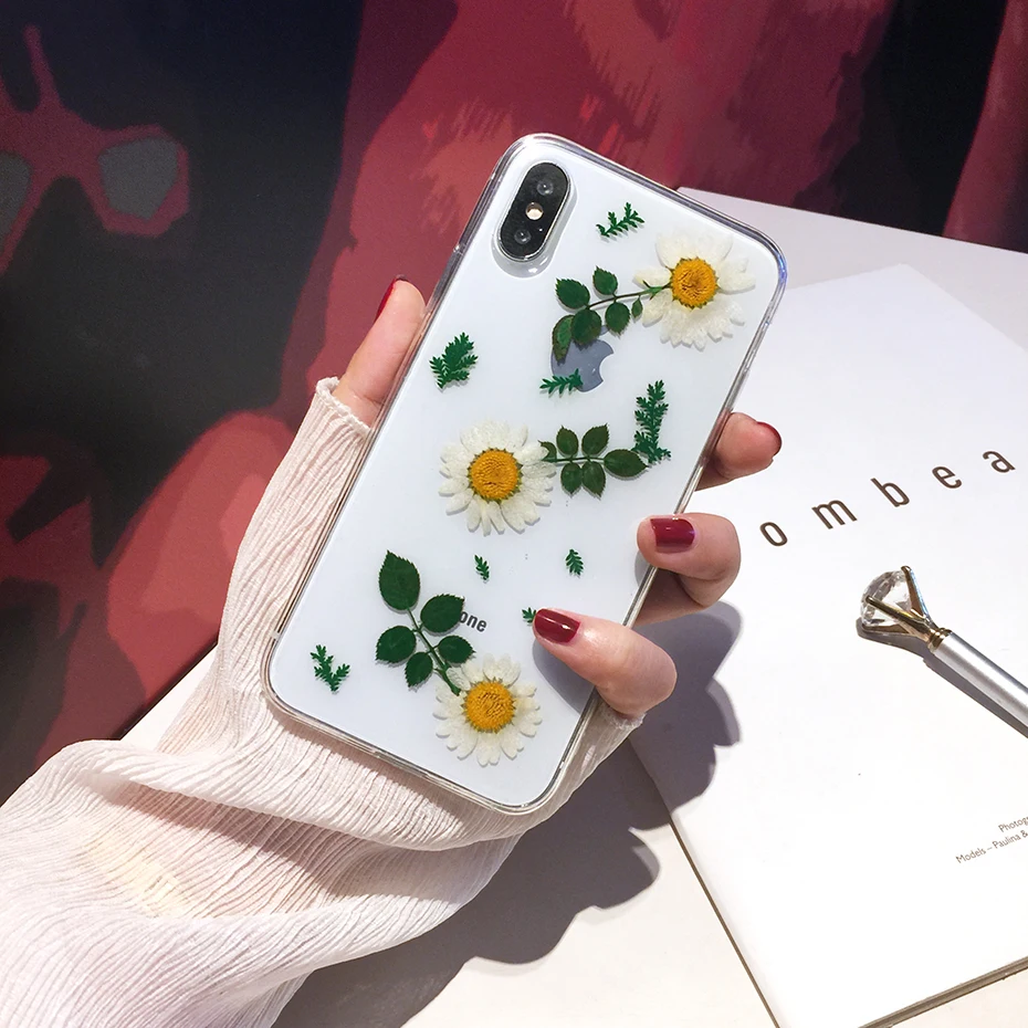 Qianliyao Real Dried Flower Phone Case For iPhone 11 Pro Max X Xr Xs Soft TPU Green leaf Back Cover for 7 8 Plus |