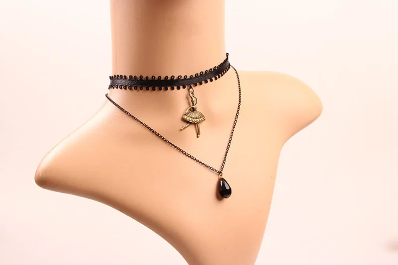 2017 Exquisite Black Lace Ballet Water Drop Crystal Pendant Double Layer Choker Necklace For Women Best Like Gift N258 |