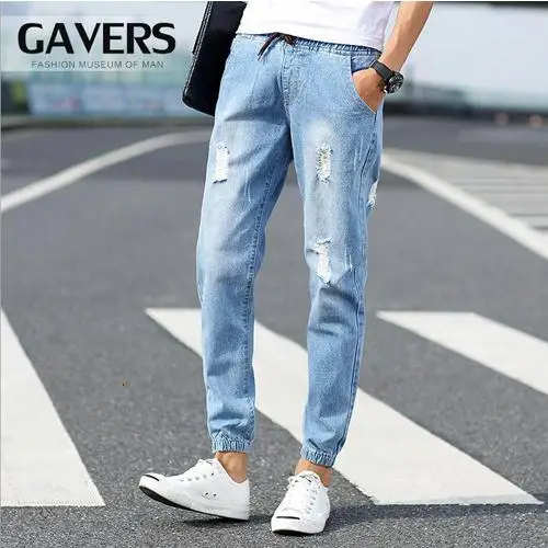 Горячая Стиль модные рваные эластичные мужские джинсы с завязкой на талии ремнем