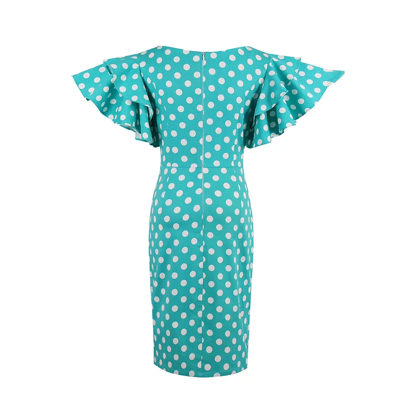 2018 Для женщин облегающее однотонное платье с рукавом лепестком Винтаж голубое