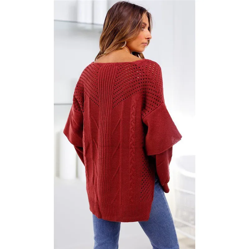 Womens V Neck Top Oversize hollow out Mesh Knitted Sweater Elegant layers Long sleeve pull femme truien dames Fashion Streetwear | Женская